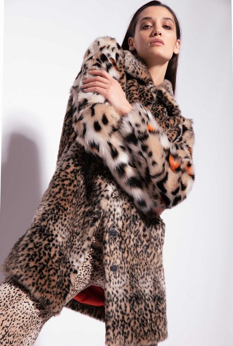 Women\'s Pinko Animal-print Faux-fur Coats Beige/Black/Orange | Australia-27918059