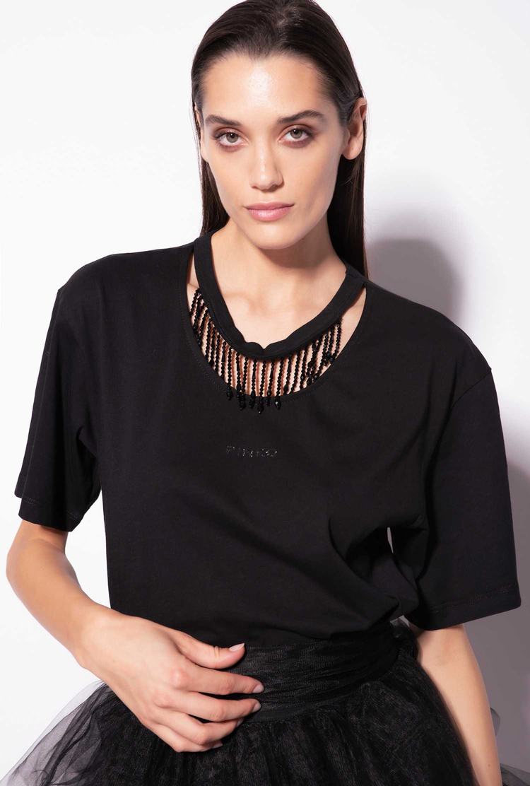 Women's Pinko Beads On The Neck T Shirts Black | Australia-16037459