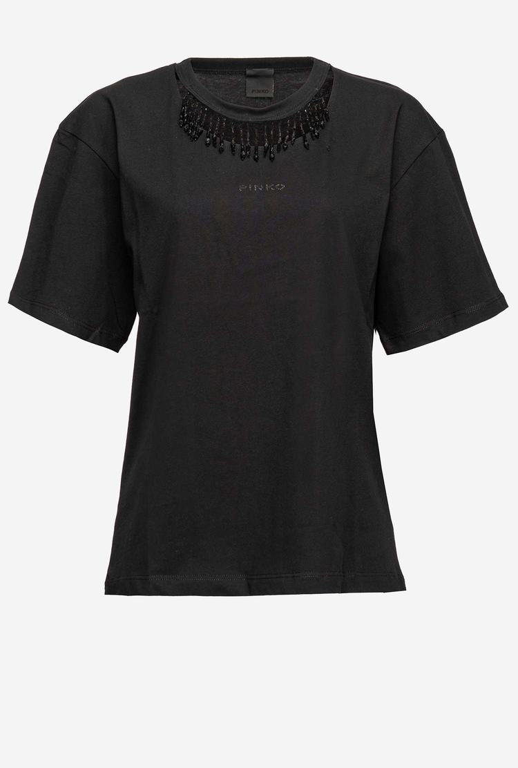 Women's Pinko Beads On The Neck T Shirts Black | Australia-16037459