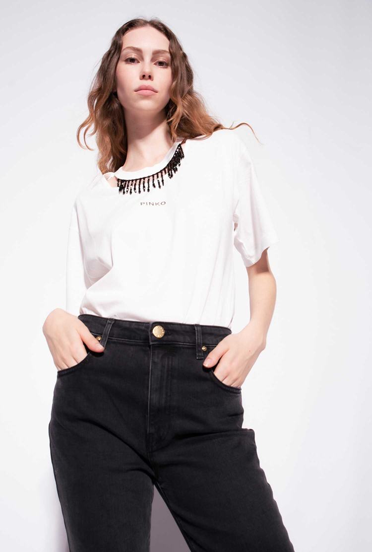 Women's Pinko Beads On The Neck T Shirts White | Australia-26417839