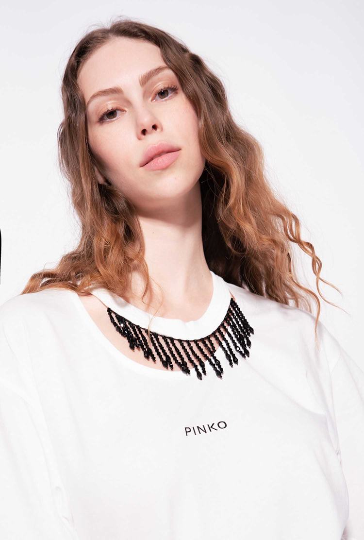 Women's Pinko Beads On The Neck T Shirts White | Australia-26417839