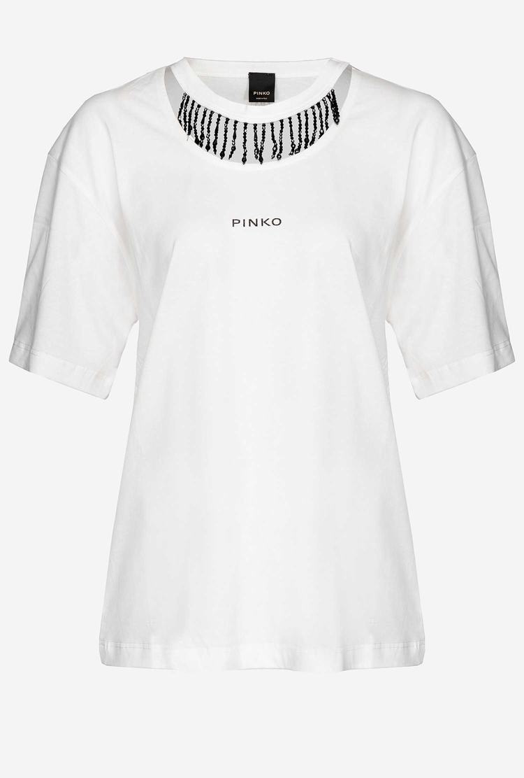 Women's Pinko Beads On The Neck T Shirts White | Australia-26417839