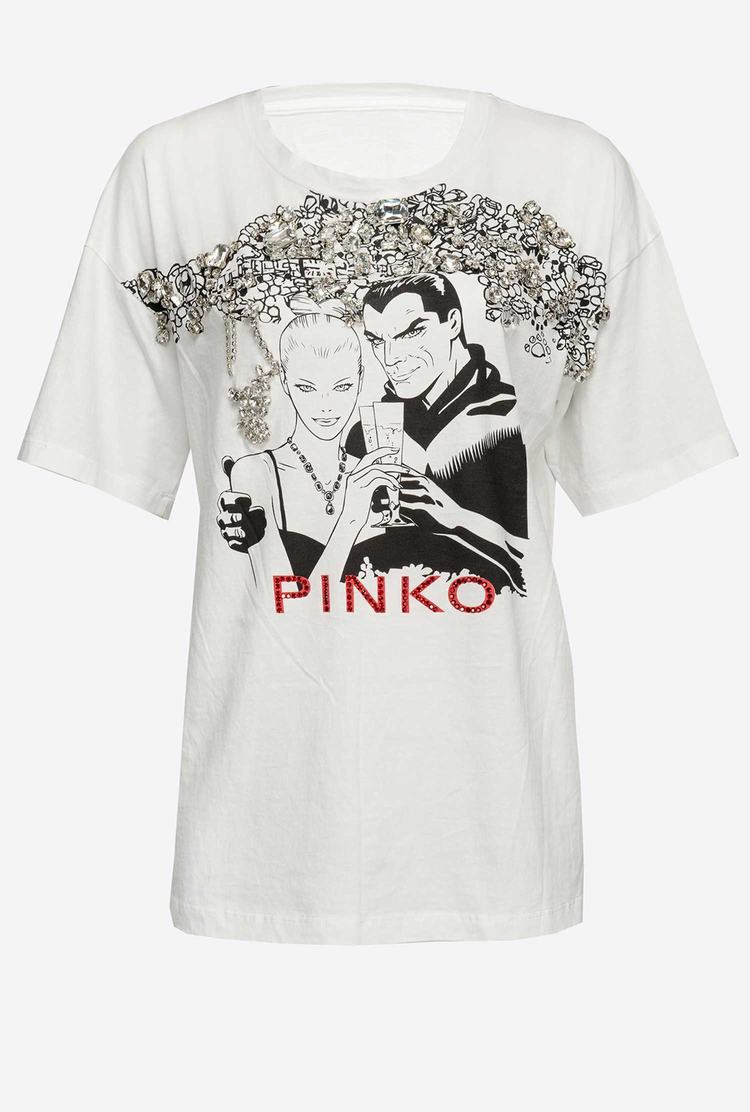 Women's Pinko Bejewelled Diabolik T Shirts White | Australia-84297319