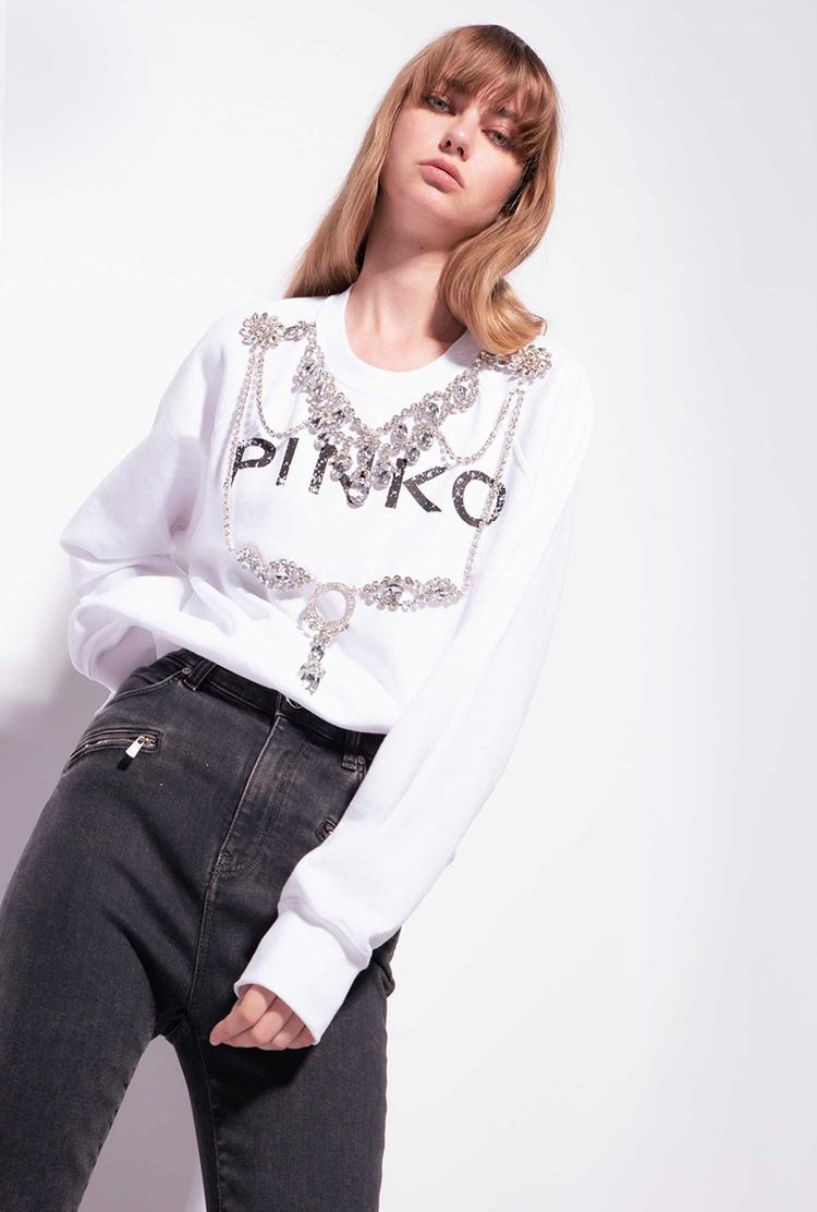 Women's Pinko Bejewelled Embellishment Sweatshirt White | Australia-54869029