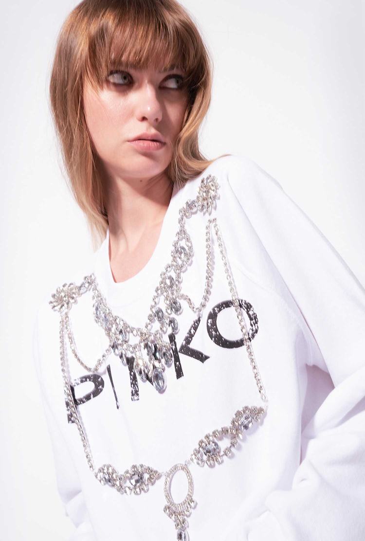 Women's Pinko Bejewelled Embellishment Sweatshirt White | Australia-54869029