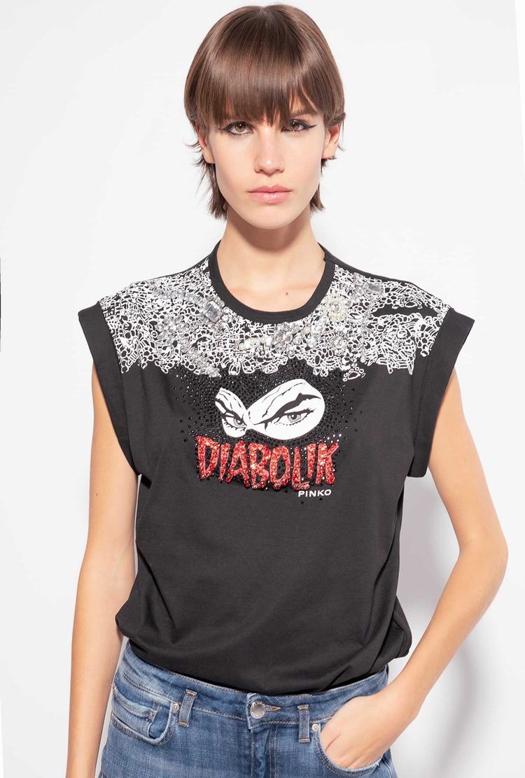 Women's Pinko Black Diabolik T Shirts Black | Australia-45692719