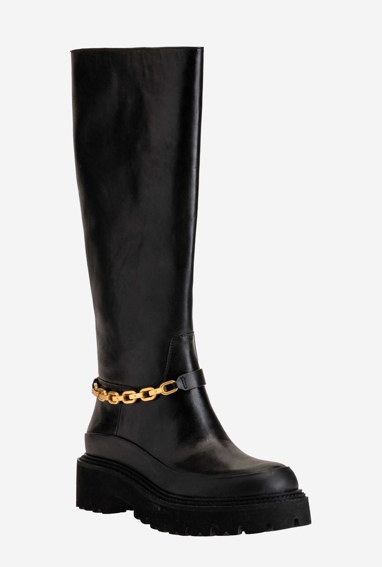 Women's Pinko Chain Leather Boots Black | Australia-83579409