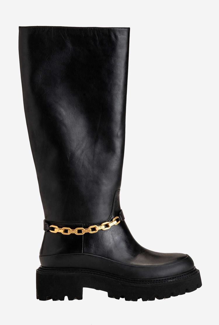 Women\'s Pinko Chain Leather Boots Black | Australia-83579409