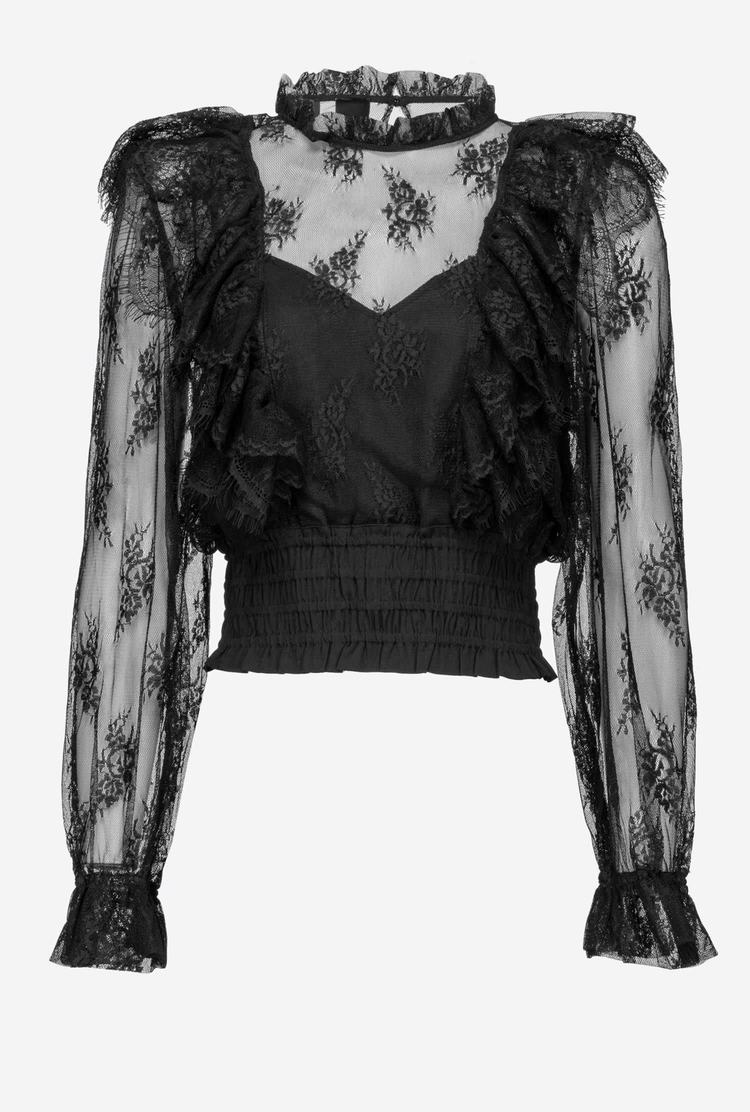 Women's Pinko Cropped Lace Shirts Black | Australia-82390459