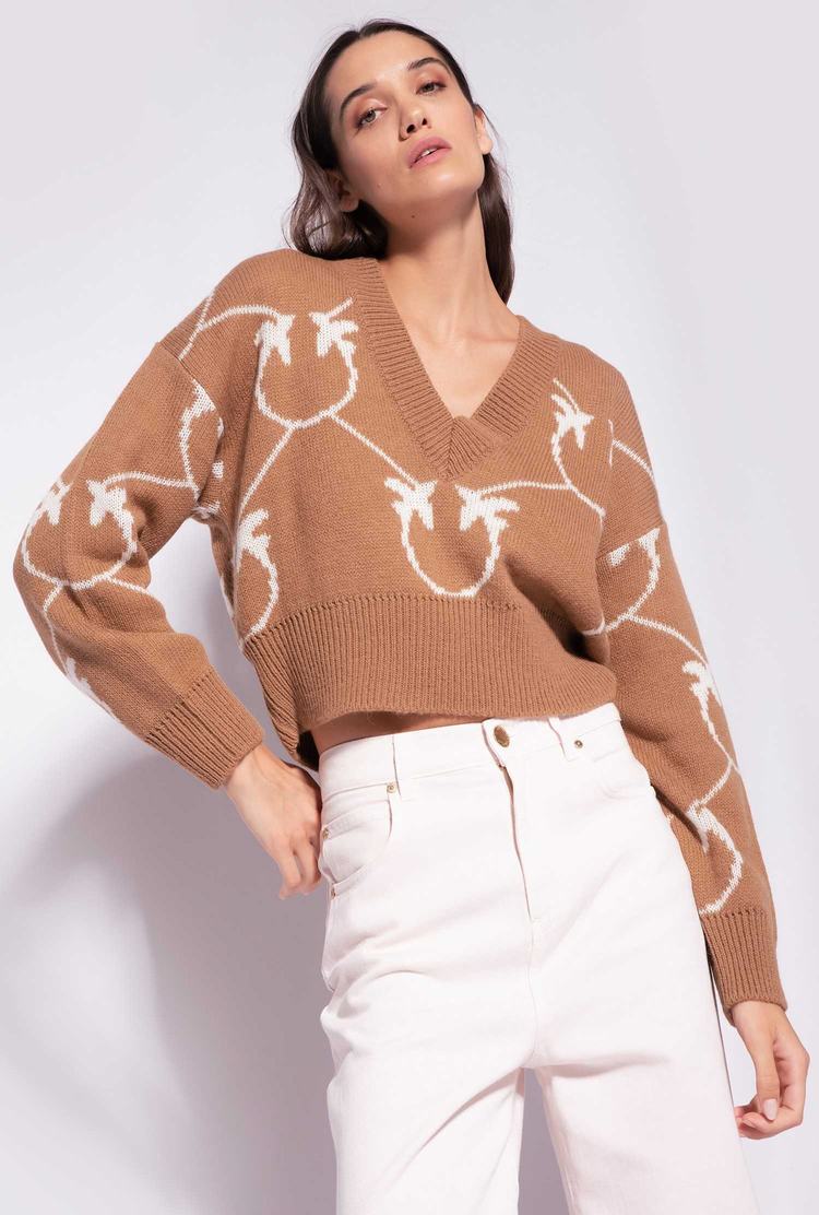 Women's Pinko Cropped Monogram Jacquard Pullover Brown/Beige | Australia-80974259