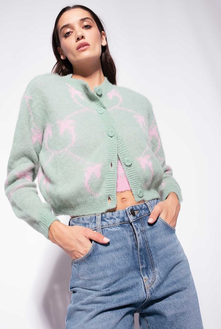 Women's Pinko Cropped Monogram Jacquard Cardigan Green/Pink | Australia-86527419