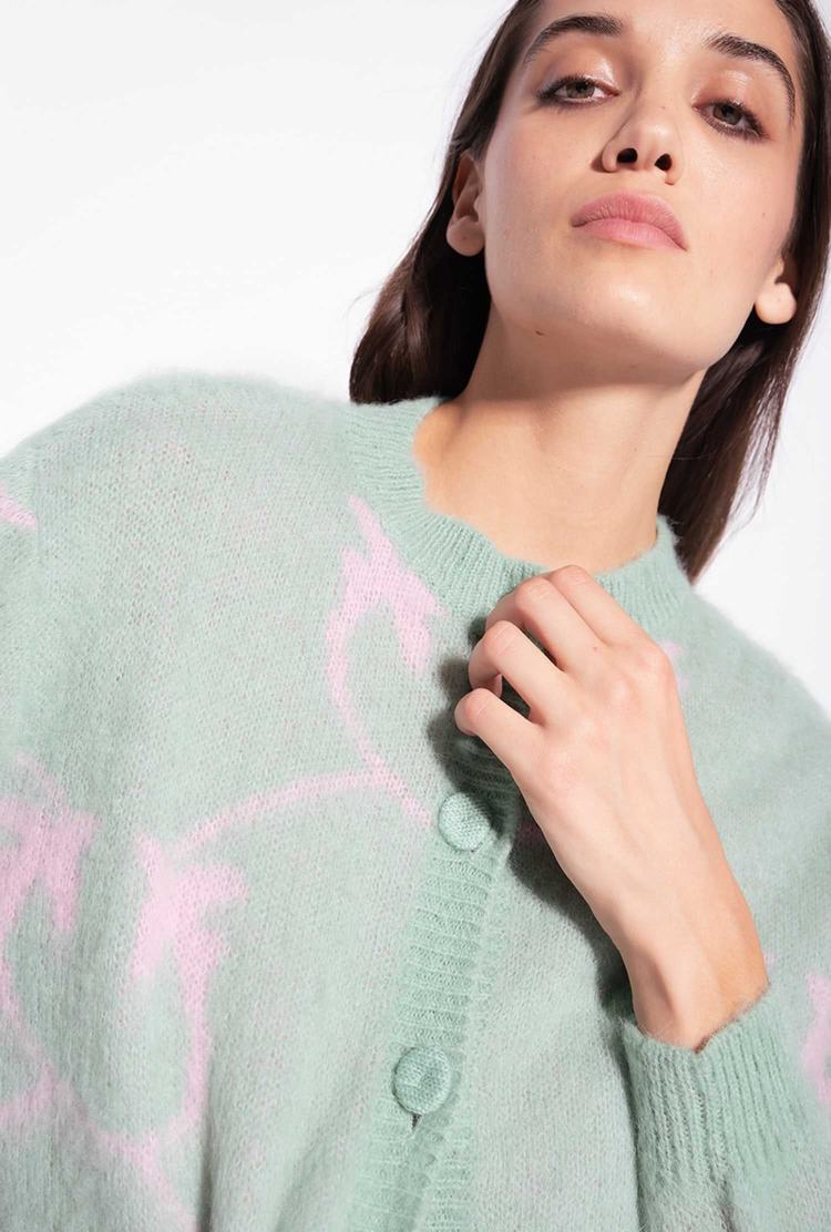 Women's Pinko Cropped Monogram Jacquard Cardigan Green/Pink | Australia-86527419