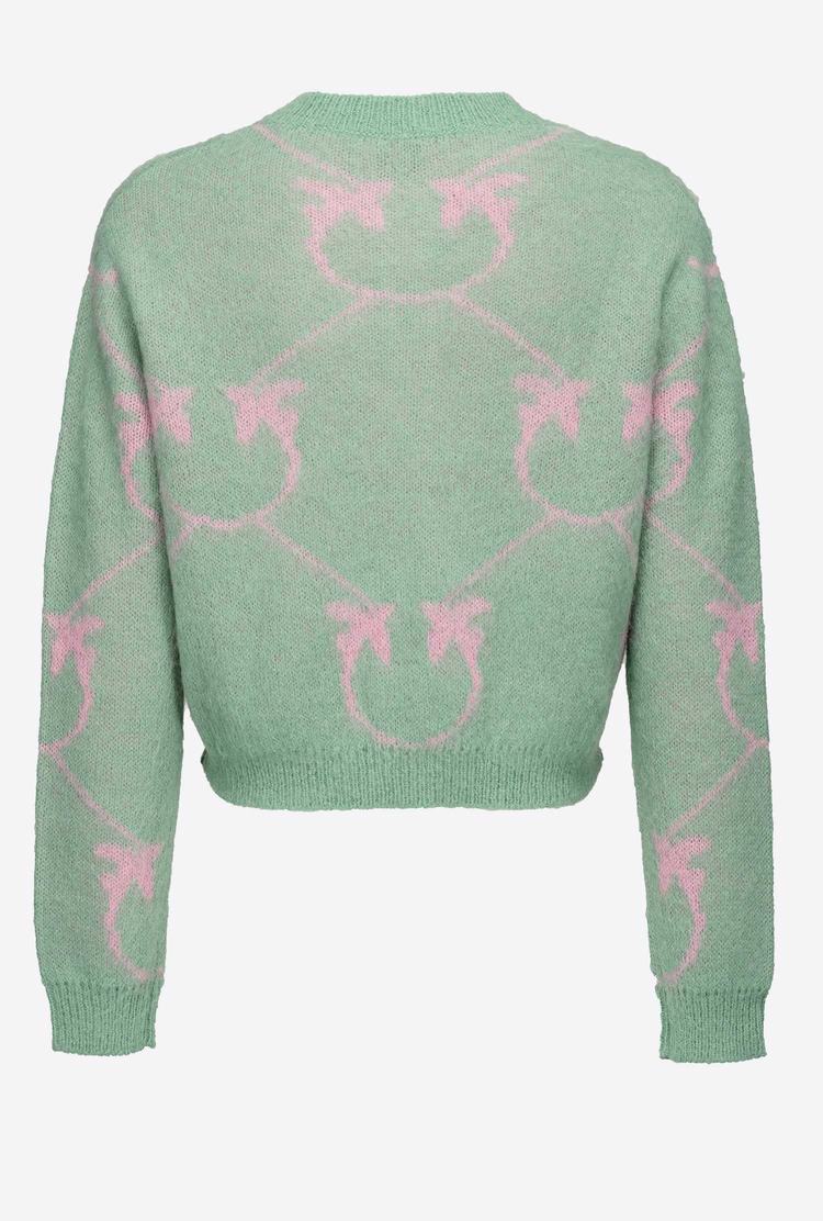 Women's Pinko Cropped Monogram Jacquard Cardigan Green/Pink | Australia-86527419