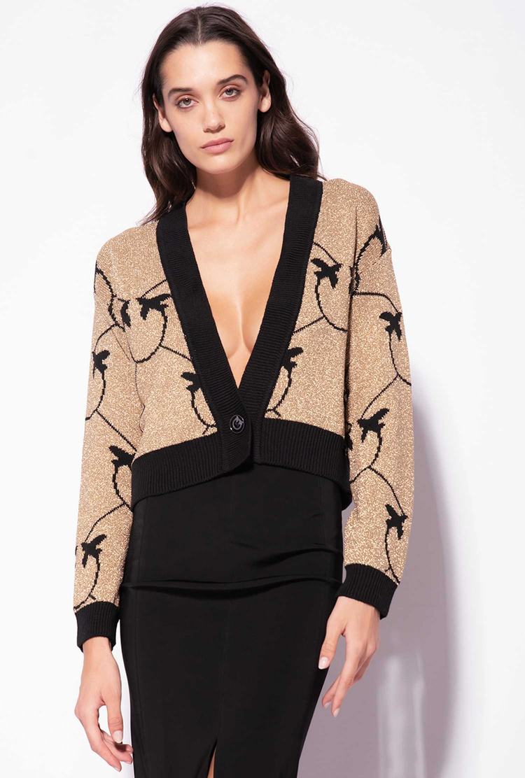 Women's Pinko Cropped Monogram Jacquard Cardigan Gold/Black | Australia-90217549