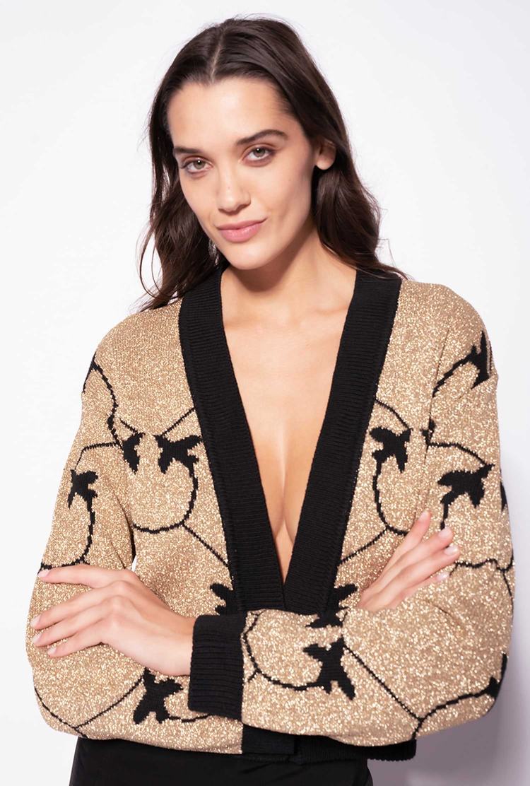 Women's Pinko Cropped Monogram Jacquard Cardigan Gold/Black | Australia-90217549