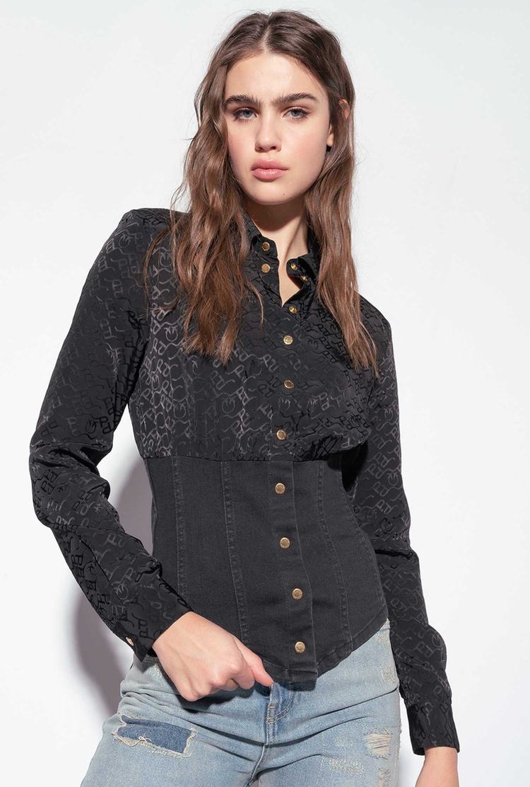 Women's Pinko Denim And Jacquard Shirts Black | Australia-13208599