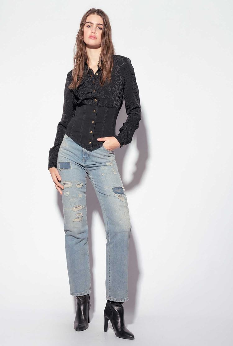 Women's Pinko Denim And Jacquard Shirts Black | Australia-13208599