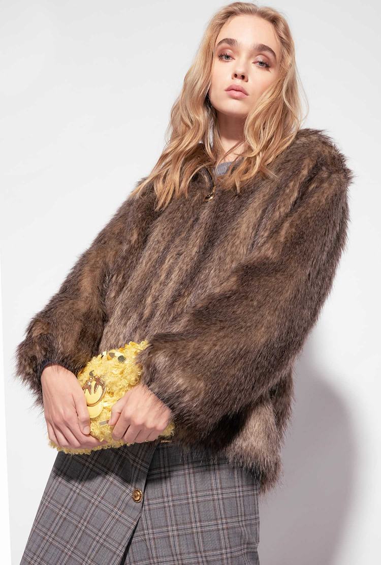 Women's Pinko Faux Fur Bomber Jackets Dark Brown/Beige | Australia-50864979