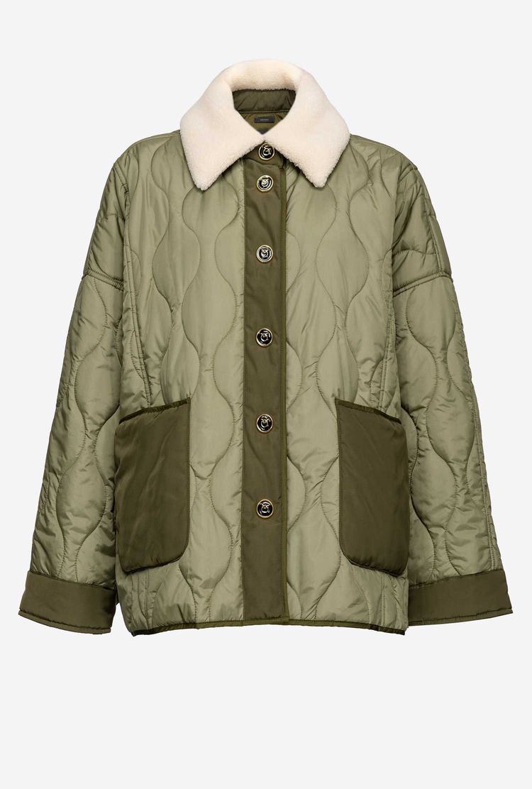 Women's Pinko Faux Fur Collar Quilted Jackets Green | Australia-84193509