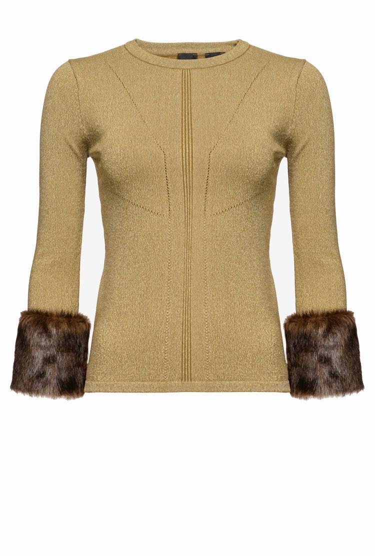 Women's Pinko Faux Fur Cuffs Sweaters Green/Gold | Australia-18692039