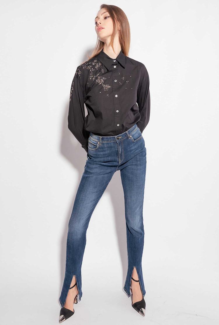 Women's Pinko Floral Embroidery Shirts Black | Australia-64705319