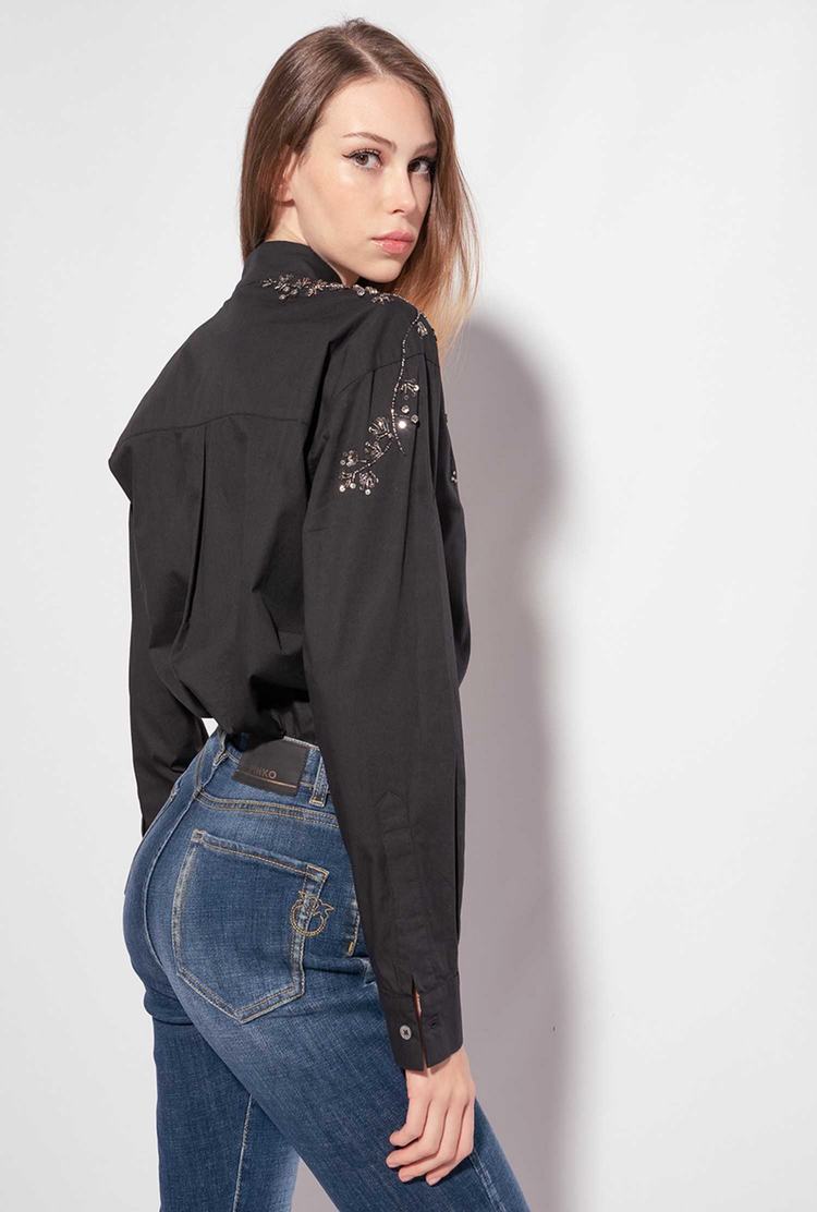 Women's Pinko Floral Embroidery Shirts Black | Australia-64705319