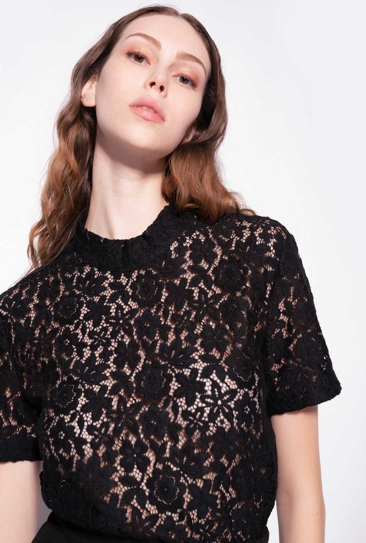 Women's Pinko Floral Lace T Shirts Black | Australia-87249319