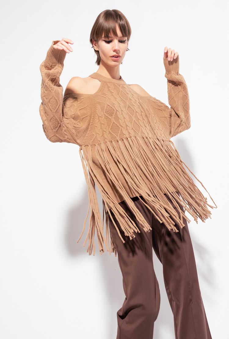 Women\'s Pinko Fringing Pullover Brown Beige | Australia-98152469