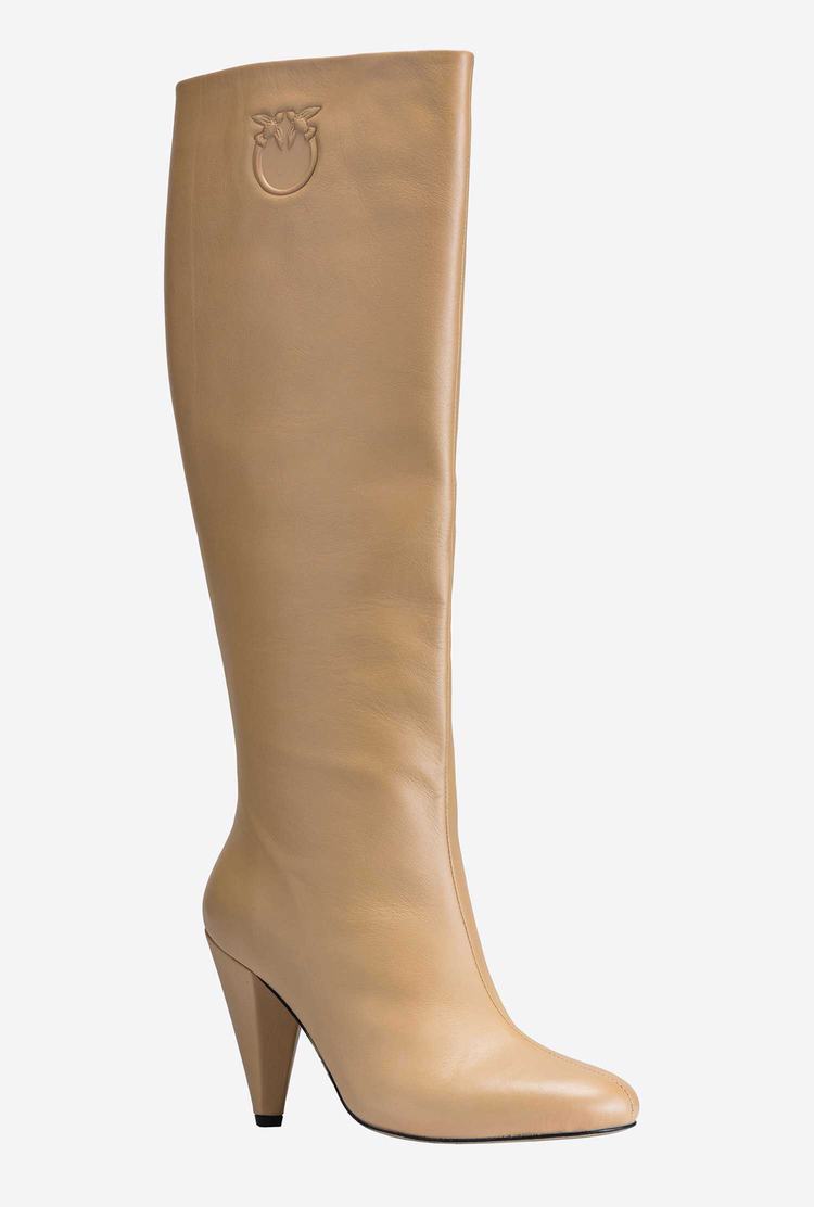 Women's Pinko Heeled Leather Boots Beige | Australia-23714609