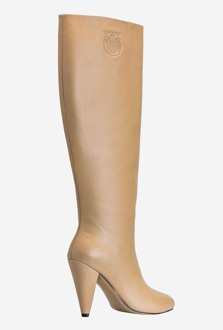 Women's Pinko Heeled Leather Boots Beige | Australia-23714609