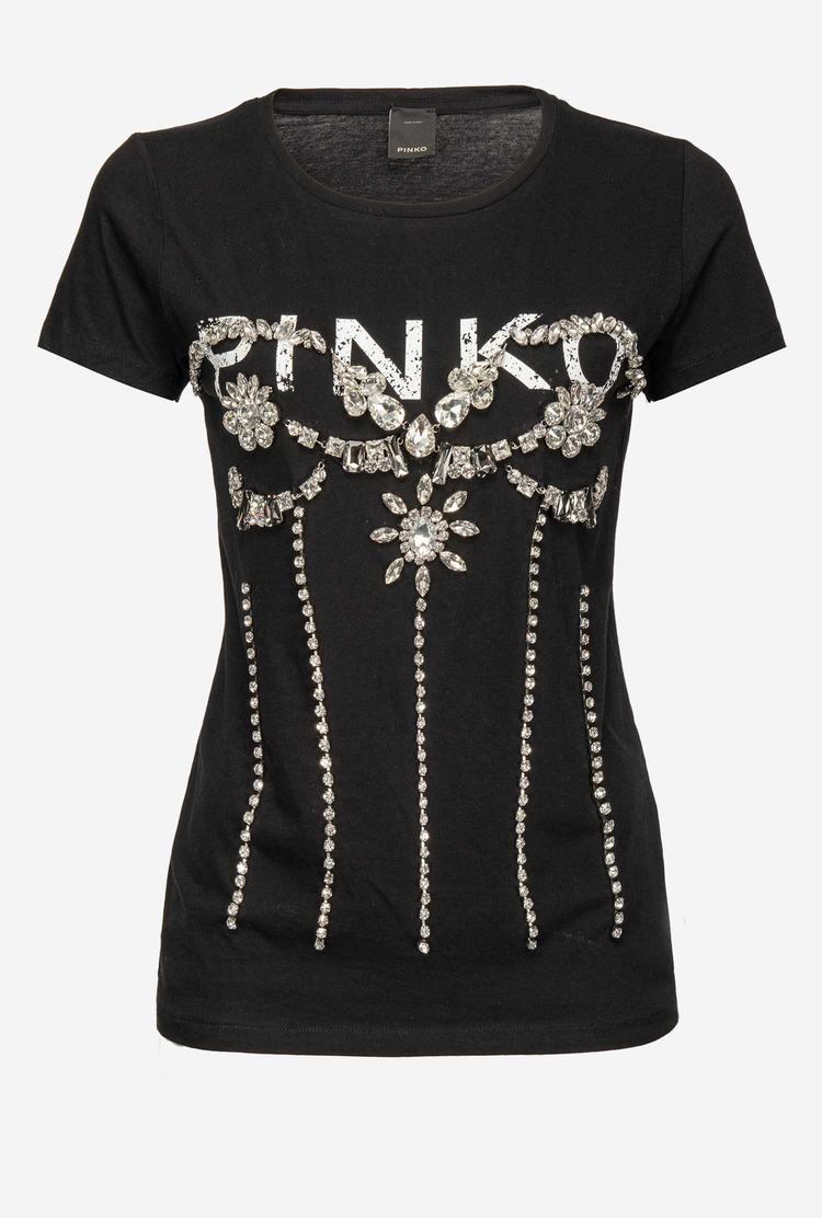 Women's Pinko Jewel Detail T Shirts Black | Australia-83714659