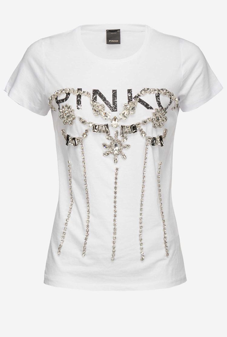 Women's Pinko Jewel Detail T Shirts White | Australia-81623959