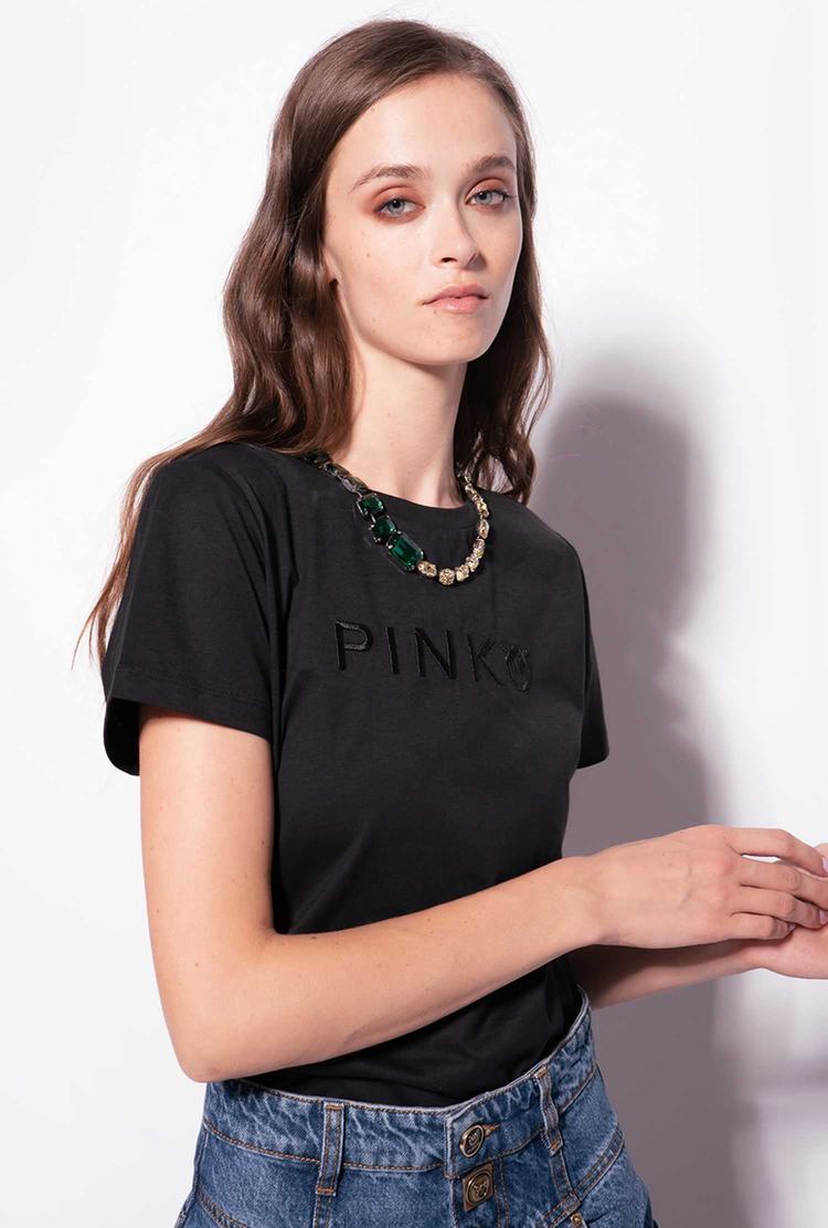 Women's Pinko Jewel Necklace T Shirts Black | Australia-10836479