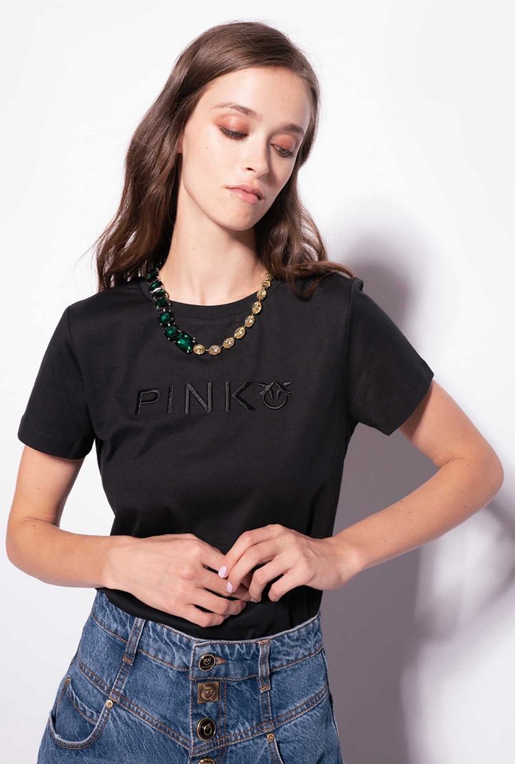 Women\'s Pinko Jewel Necklace T Shirts Black | Australia-10836479