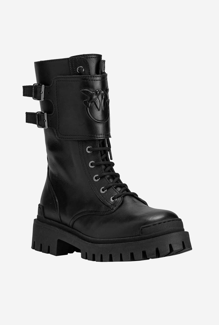 Women's Pinko Leather Combat Boots Black | Australia-67915089