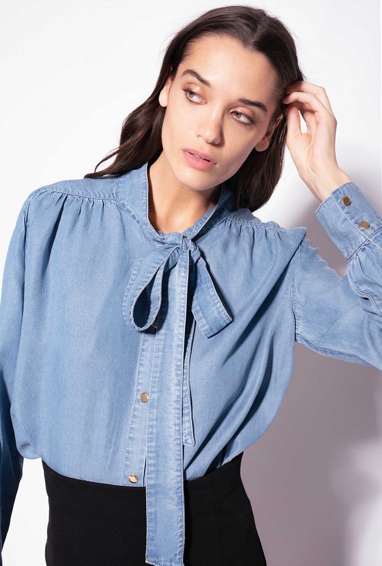 Women's Pinko Light Denim Pussy-bow Shirts Light Blue | Australia-21056739