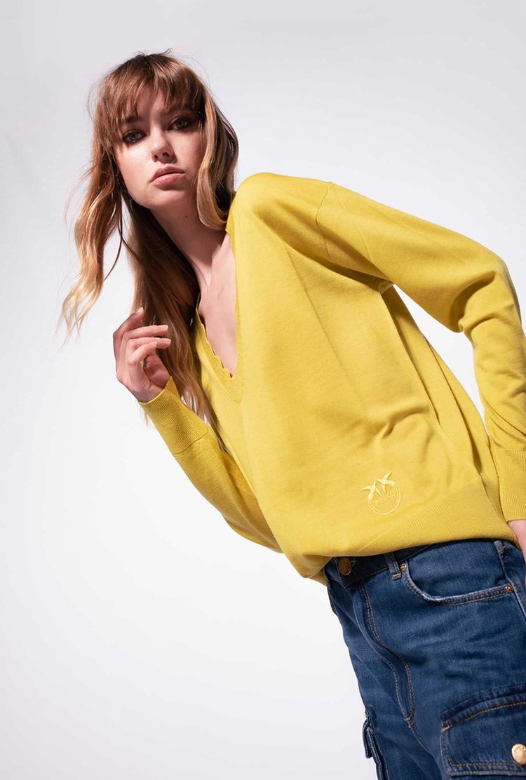 Women's Pinko Love Birds Embroidery Pullover Yellow | Australia-40281369