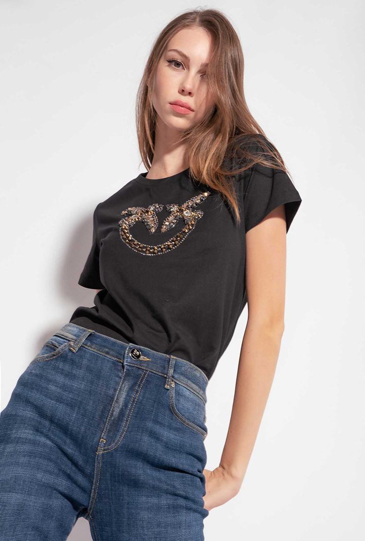 Women's Pinko Love Birds Embroidery T Shirts Black | Australia-82704369