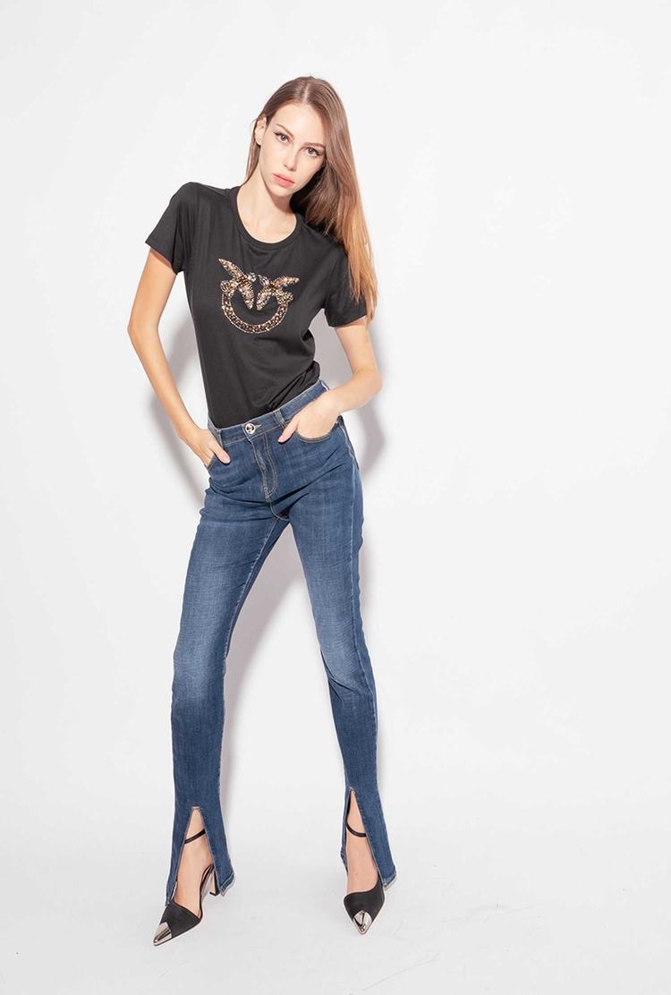 Women's Pinko Love Birds Embroidery T Shirts Black | Australia-82704369