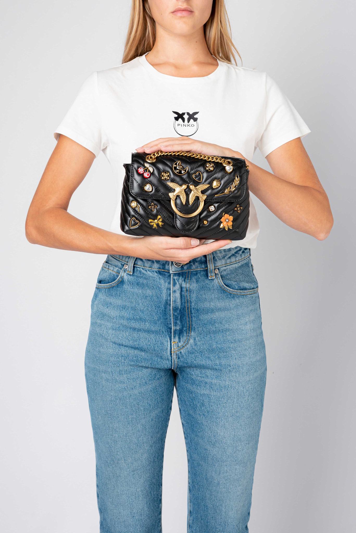 Women's Pinko Mini Lady Love Bag Puff Logo Monogram Crossbody Bags Black Gold | Australia-51248079