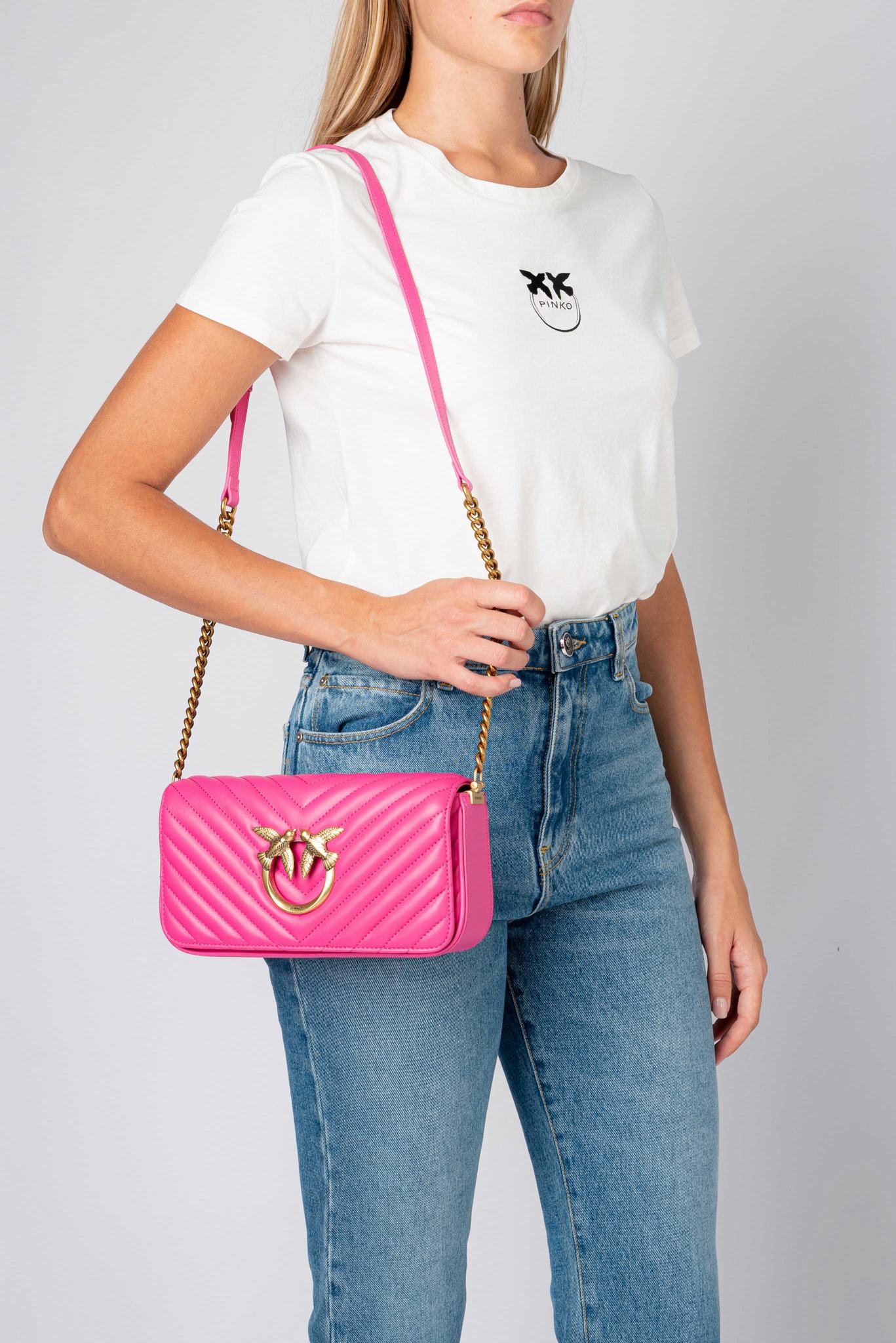 Women's Pinko Mini Love Bag Click Baguette Chevron Shoulder Bags Fuchsia Gold | Australia-80375169