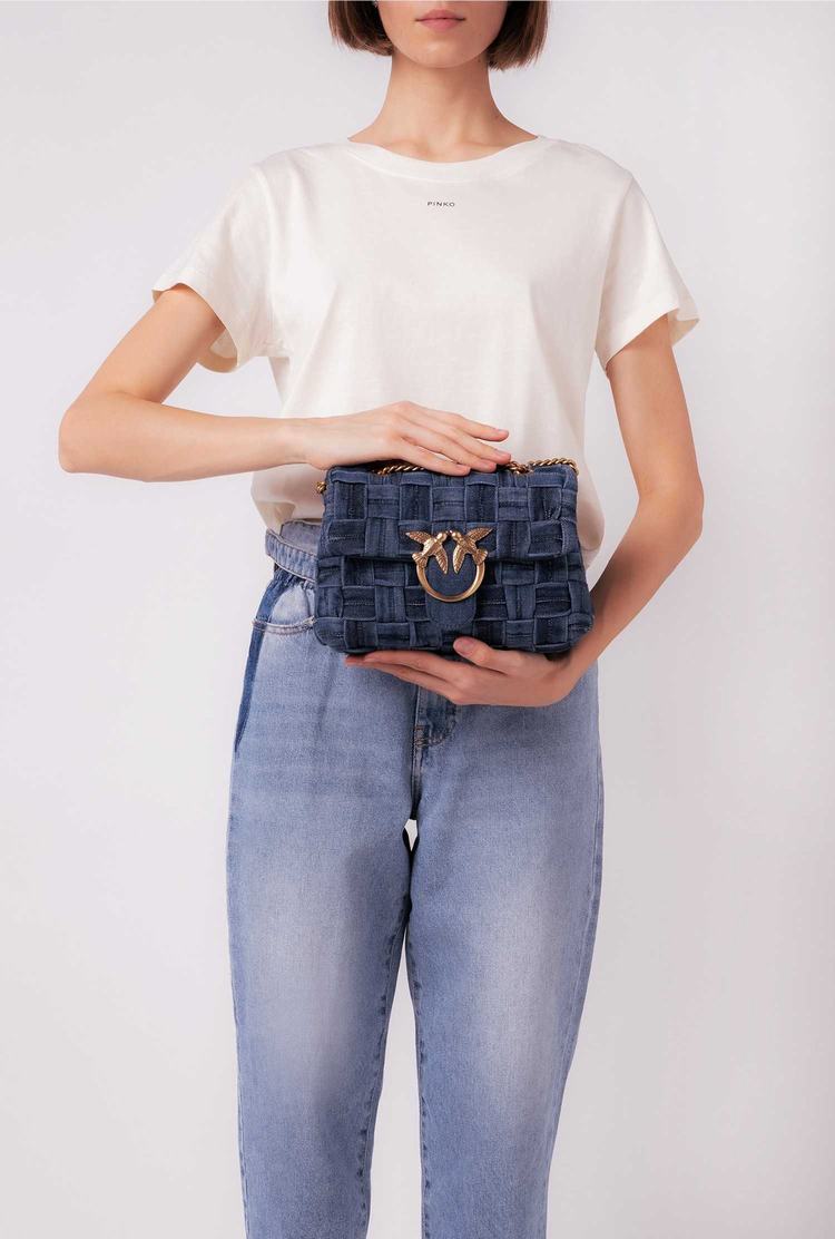 Women's Pinko Mini Love Bag Puff Woven Denim Crossbody Bags Blue Navy Gold | Australia-67183409