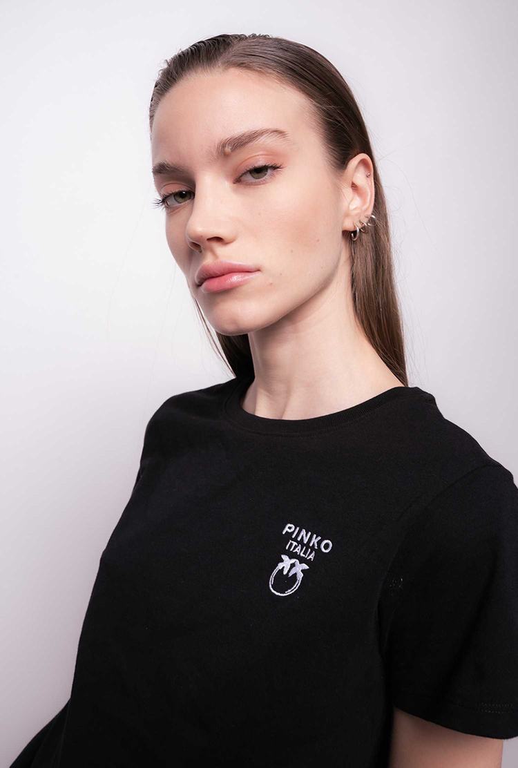 Women's Pinko Mini Love Birds Embroidery T Shirts Black | Australia-31849269