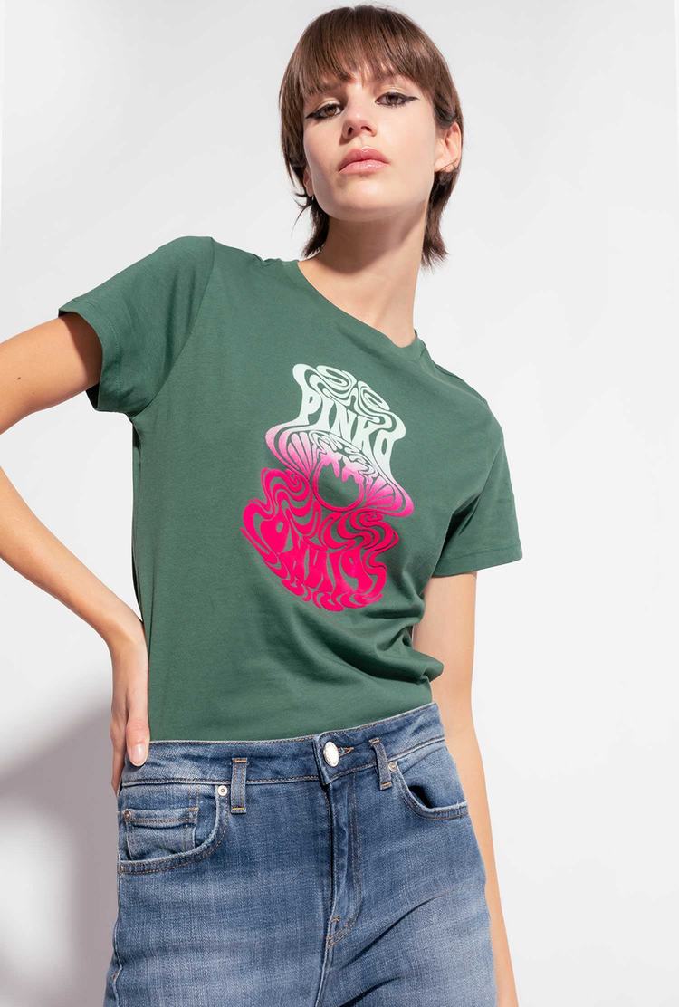 Women's Pinko Multicoloured Love Birds Logo T Shirts Green Multicolor/Pink | Australia-19670539