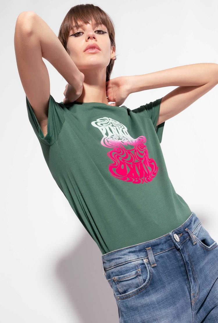 Women's Pinko Multicoloured Love Birds Logo T Shirts Green Multicolor/Pink | Australia-19670539