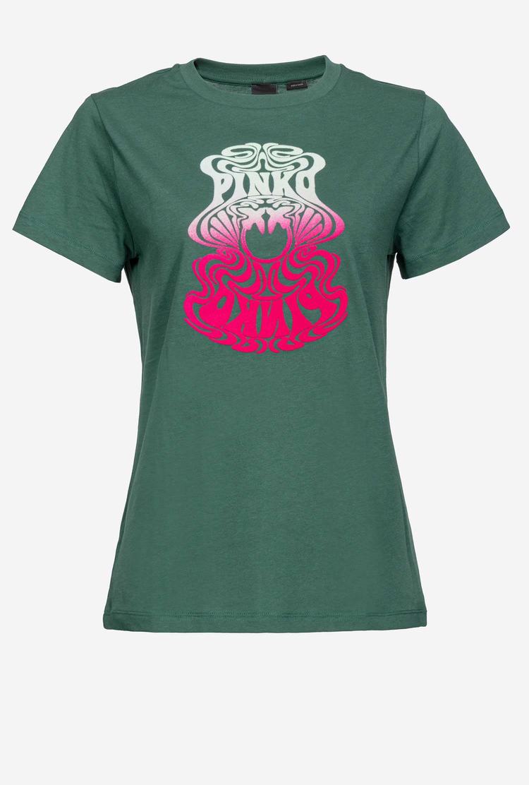 Women's Pinko Multicoloured Love Birds Logo T Shirts Green Multicolor/Pink | Australia-19670539