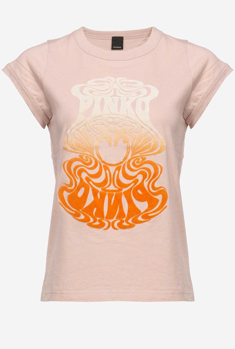 Women's Pinko Multicoloured Love Birds Logo T Shirts Pink/Orange | Australia-94306829