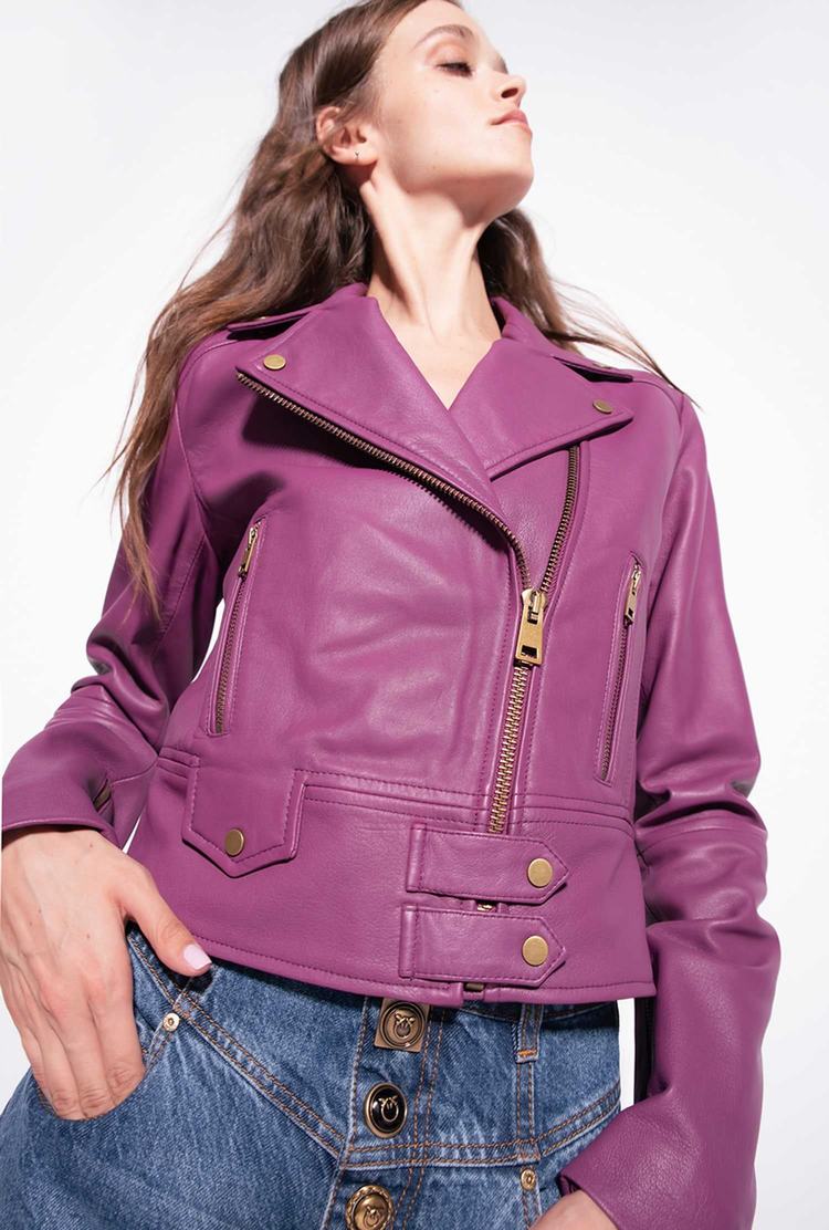 Women's Pinko Nappa Leather Biker Jacket Dark Purple | Australia-02783569