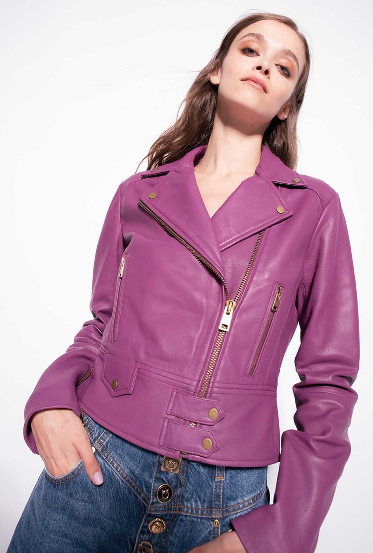 Women\'s Pinko Nappa Leather Biker Jacket Dark Purple | Australia-02783569