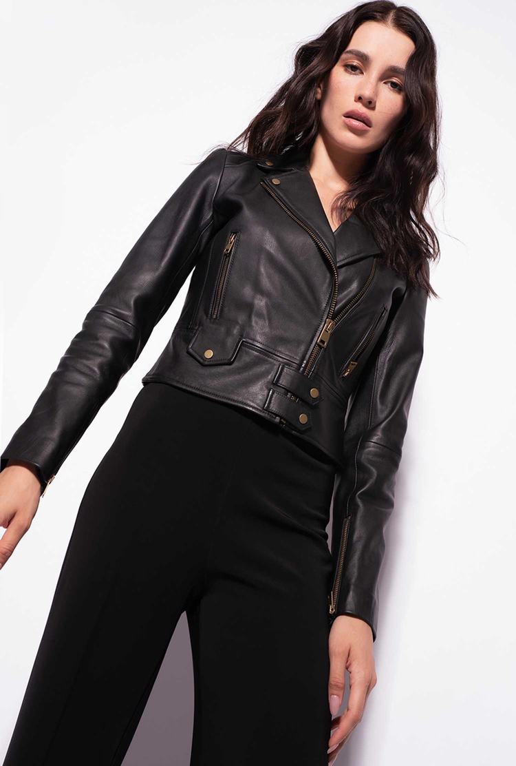 Women's Pinko Nappa Leather Biker Jacket Black | Australia-48716059